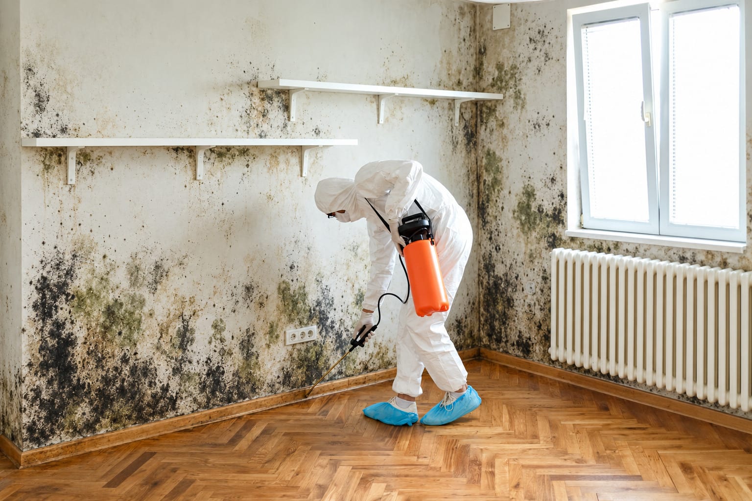Technician in a protective suit spraying mold-covered walls in an empty room
