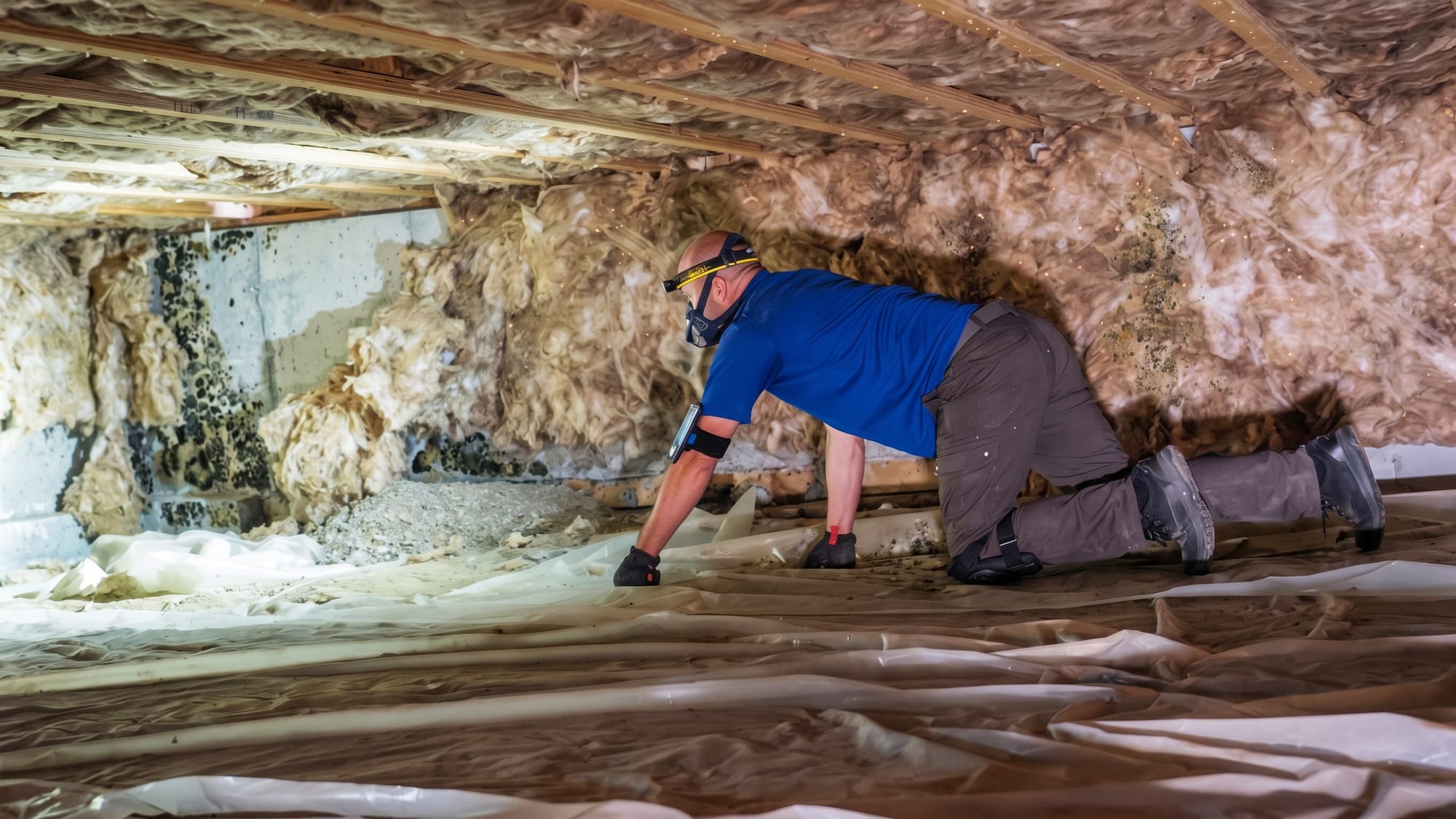 Inspector wearing a respirator crawling through an insulated crawl space