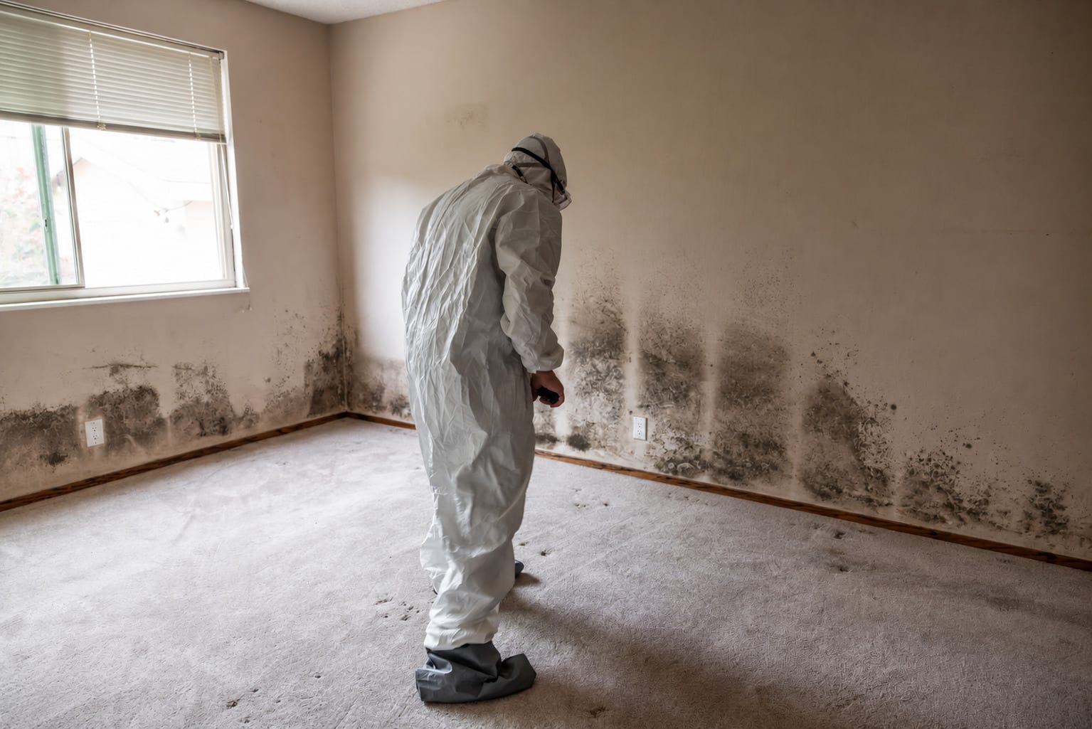 Technician in a protective suit checking mold along the lower walls of a water-damaged room