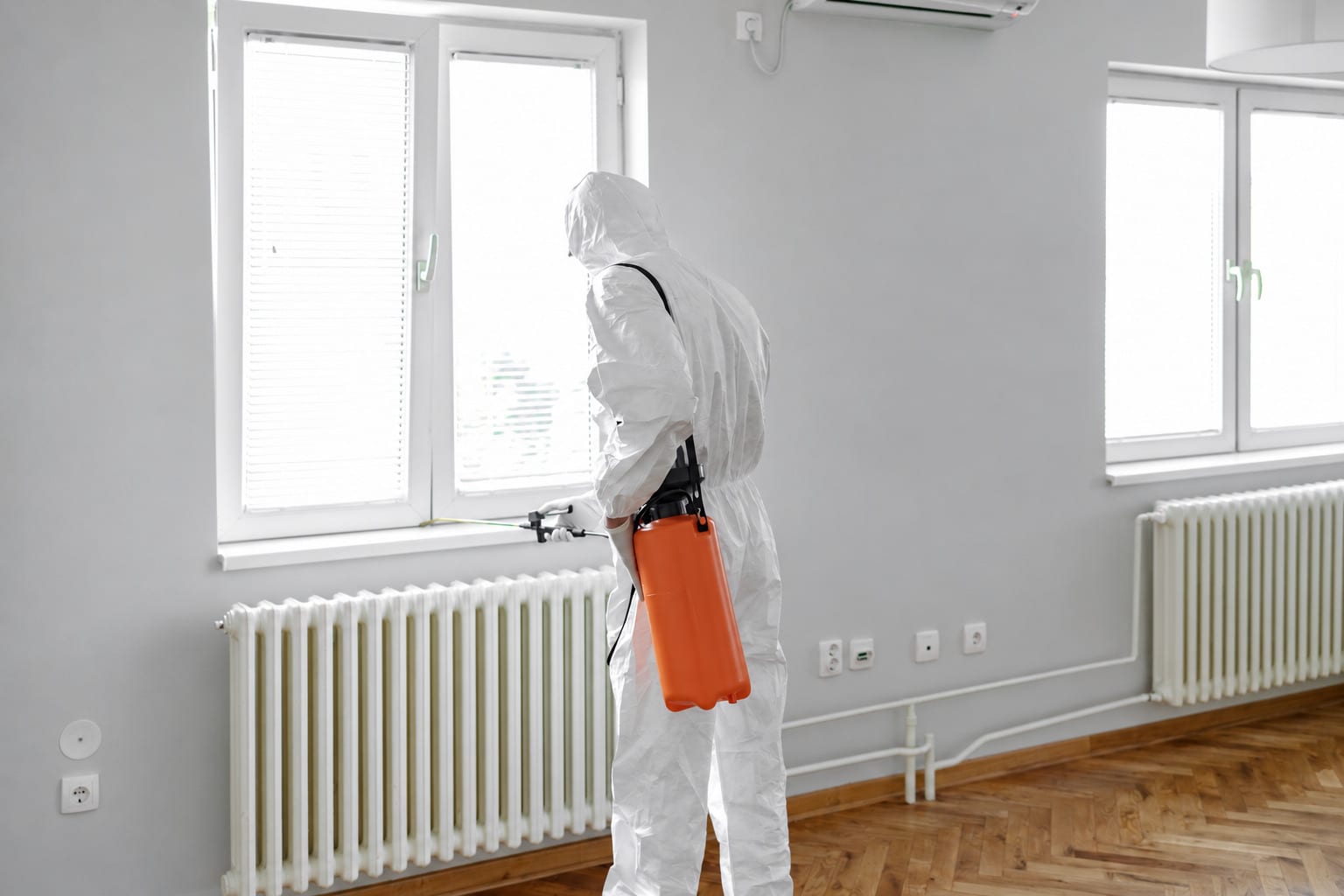 Technician in a protective suit in a clean, treated room after mold remediation
